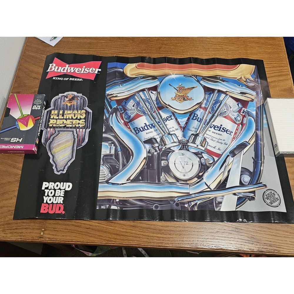 Vintage Budweiser Illinois Riders Motorcycle Engine Beer Poster Proud To Be Bud